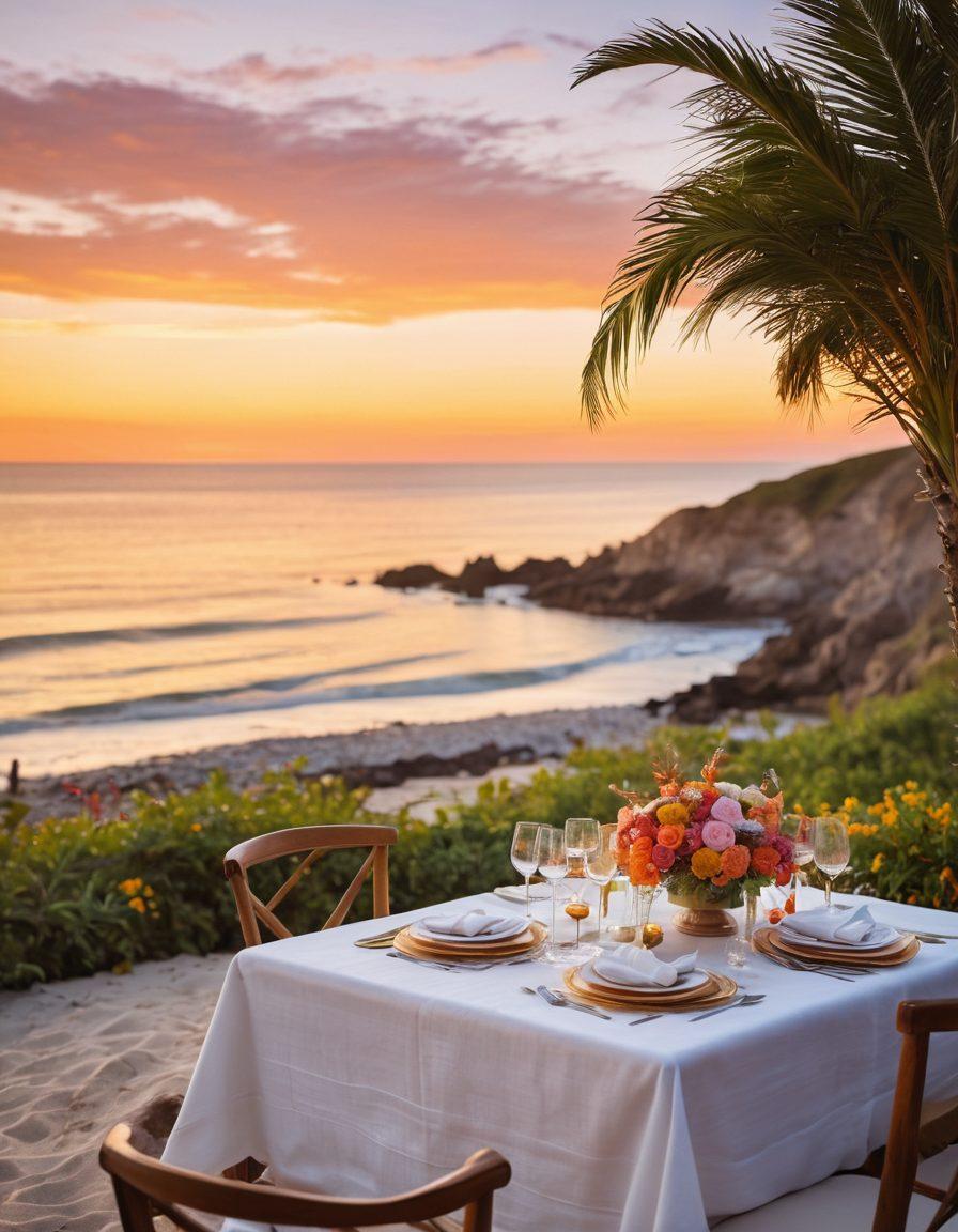 A serene seaside scene featuring an elegant gourmet dining setting with a beautifully set table adorned with fine china and sparkling silverware, overlooking gentle waves and a stunning sunset. Include fresh seafood dishes artistically presented with vibrant vegetables and garnishes, along with a backdrop of lush coastal flora. Capture a warm, inviting atmosphere with soft lighting and a hint of luxury. super-realistic. vibrant colors. sunset backdrop.