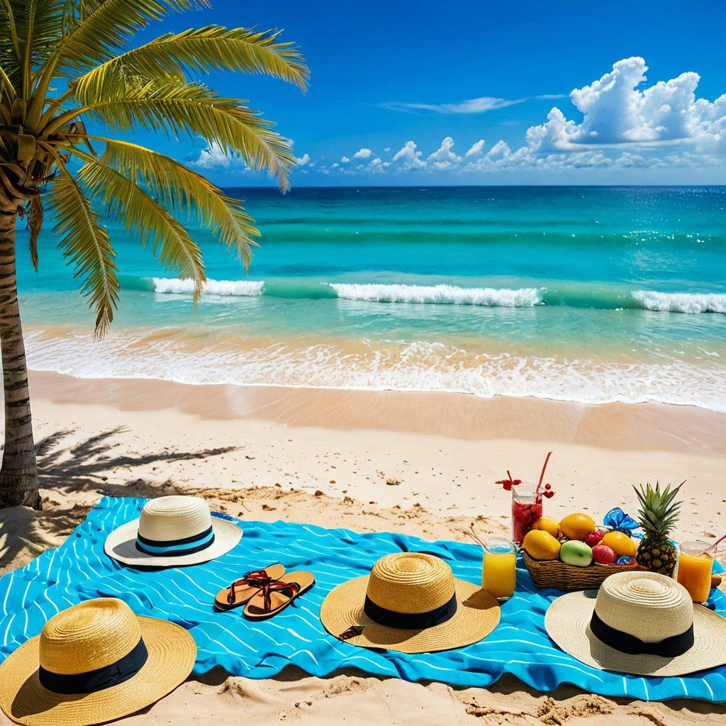 A sun-kissed beach scene featuring a stylishly laid-out gourmet picnic on soft sands, adorned with colorful beachwear like sun hats and vibrant swimsuits. In the background, shimmering turquoise waves roll in, while a clear blue sky is dotted with fluffy white clouds. A warm, inviting atmosphere evokes relaxation and joy, inviting readers to immerse themselves in summer pleasures. super-realistic. vibrant colors. idyllic beach setting.