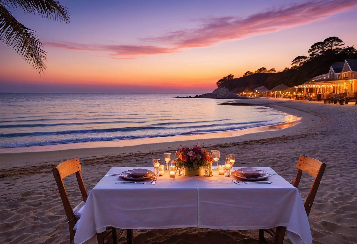 A serene beach scene at dusk, showcasing a cozy dining setup with a beautifully arranged table under twinkling fairy lights, a vibrant sunset casting warm colors on the horizon, gentle waves lapping at the shore, sunbathers in the background enjoying the evening. super-realistic. vibrant colors. 3D.